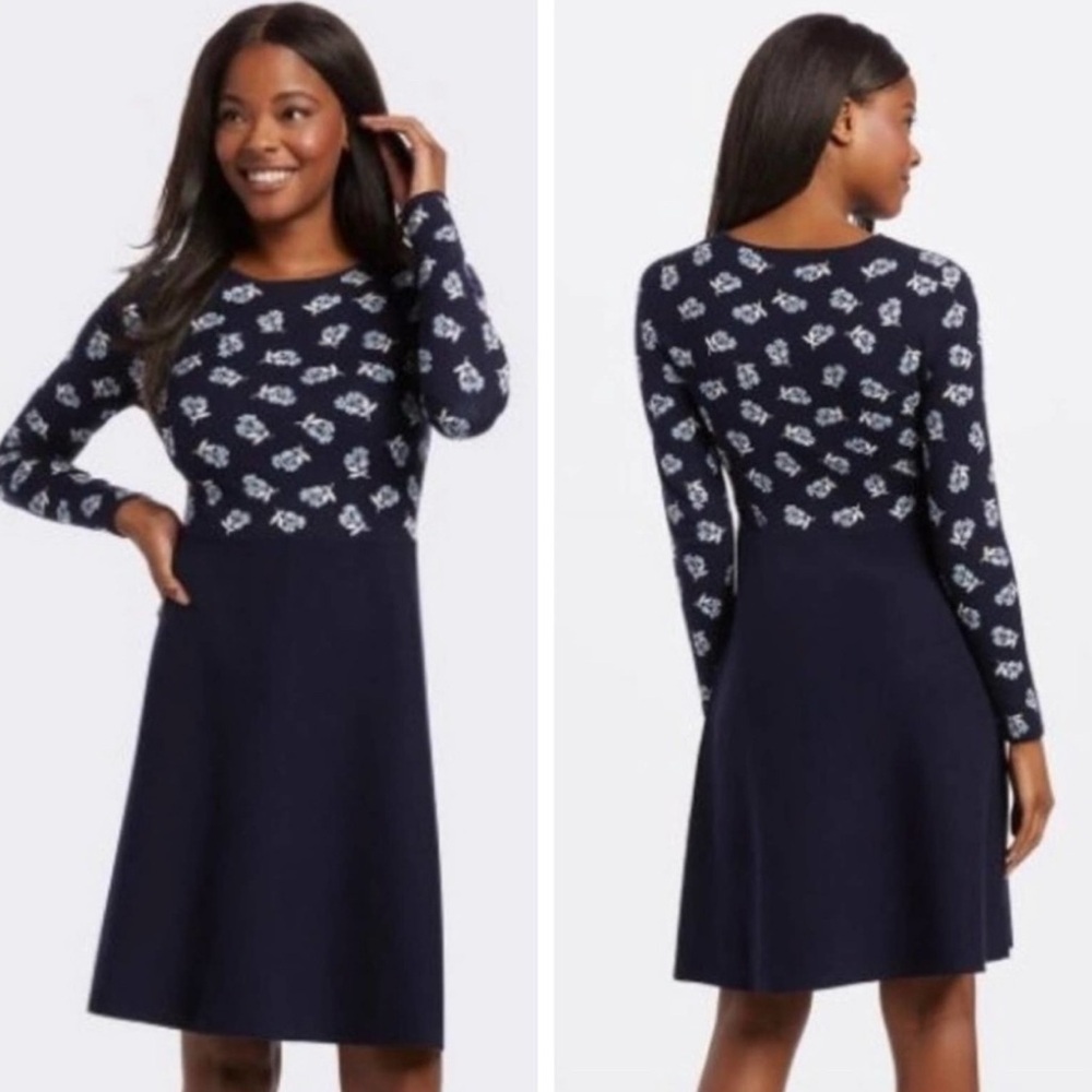 Draper James Women's Floral Midi Knee Length A-line Knit Sweater Dress Navy Blue